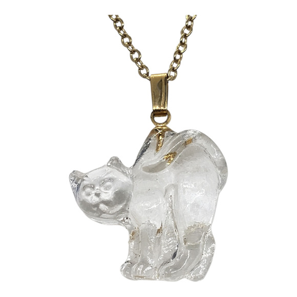 Carved Clear Cat Pendant Necklace Cat Lady Cat Lover Glass Crystal Kitty Charm - Picture 4 of 10